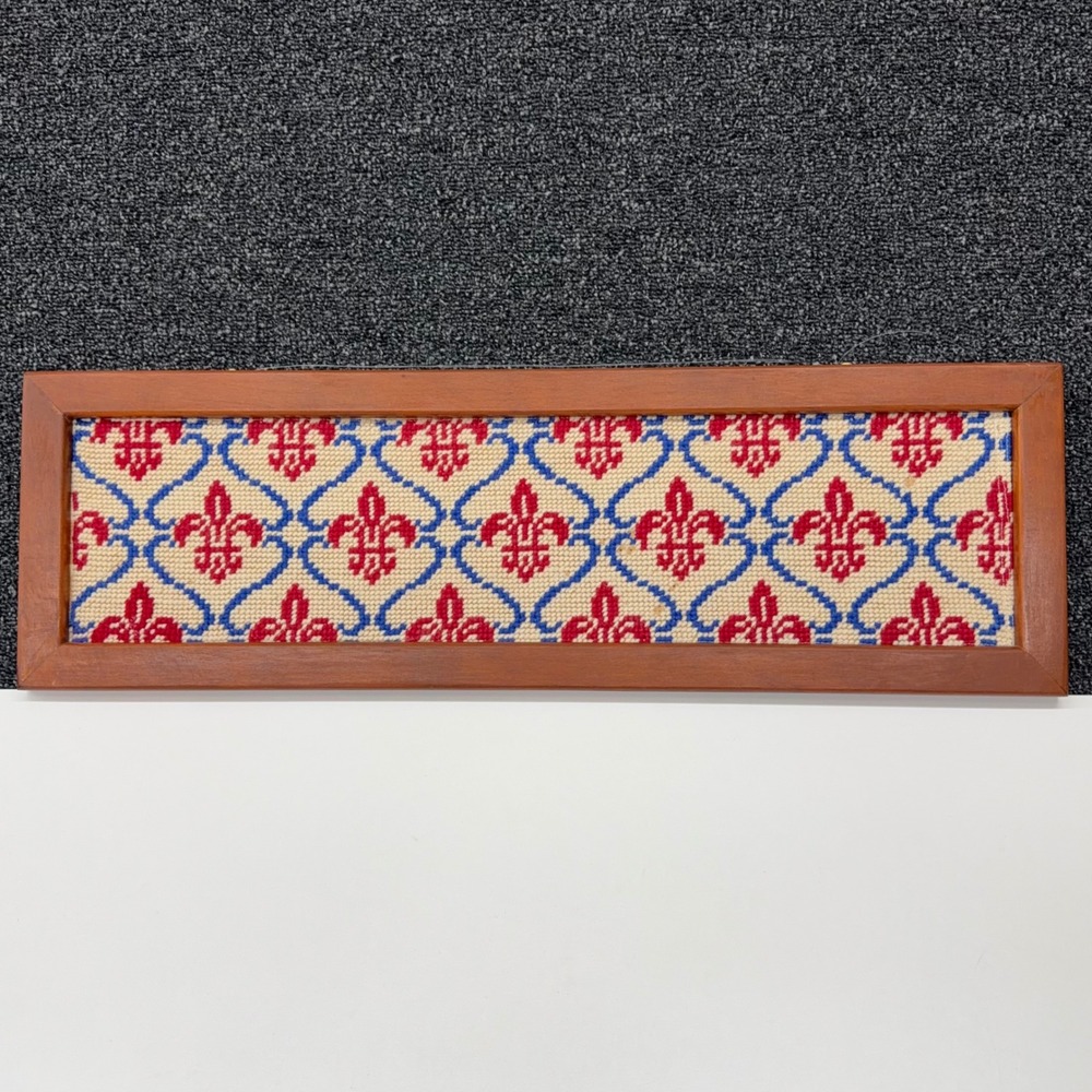 Vintage Fleur de Lis Needlepoint Framed Wall Art Red Blue Wood Frame 23.5x7.5